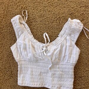 White Smocked Crop Top with Tie Front